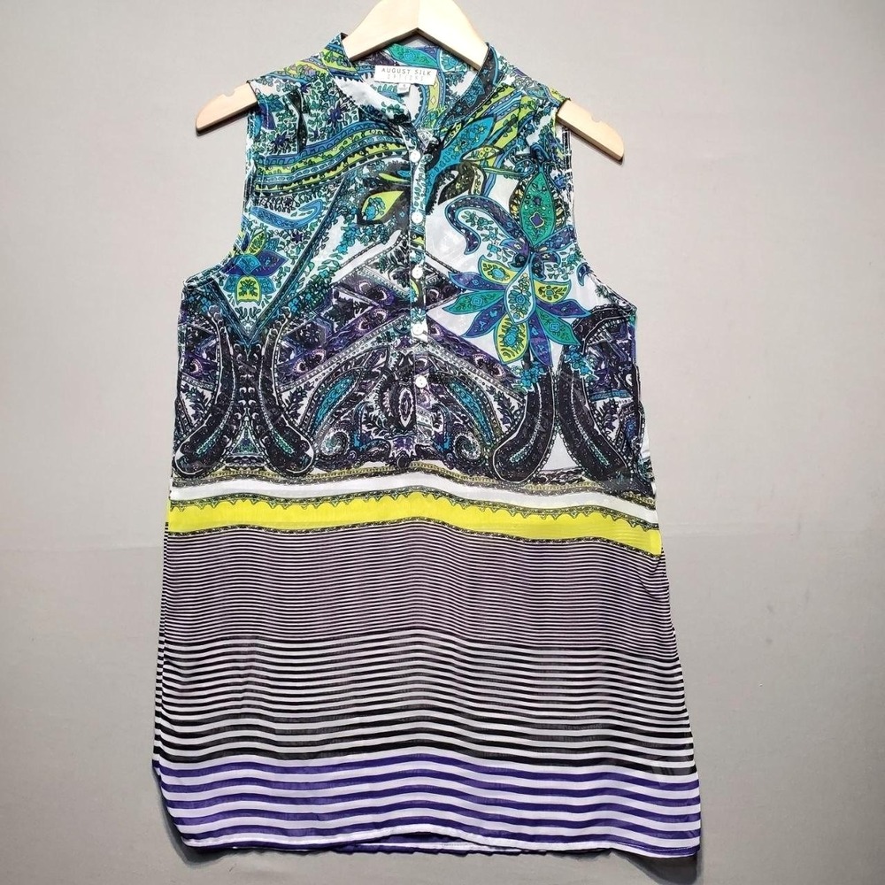 August Silk Paisley Sleeveless Tunic‎ Top Womens Small Blue Chiffon Sheer Boho